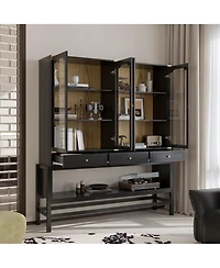 Homsee 66Inch Glass Door Cabinet with 3 Drawers - Industrial Wood and Metal Storage Cabinet