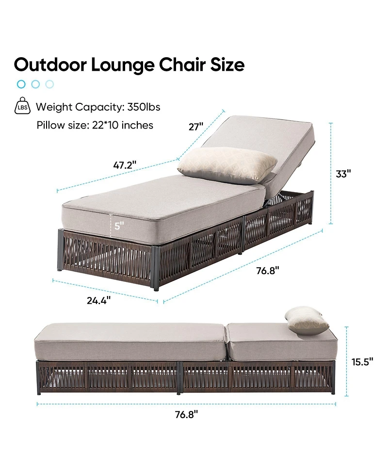 Pocassy Set of 4 Patio Chaise Lounge Chair, Wicker Outdoor Reclining Chair with Adjustable 5-Position, 5-inch Cushion and Lumber Pillow