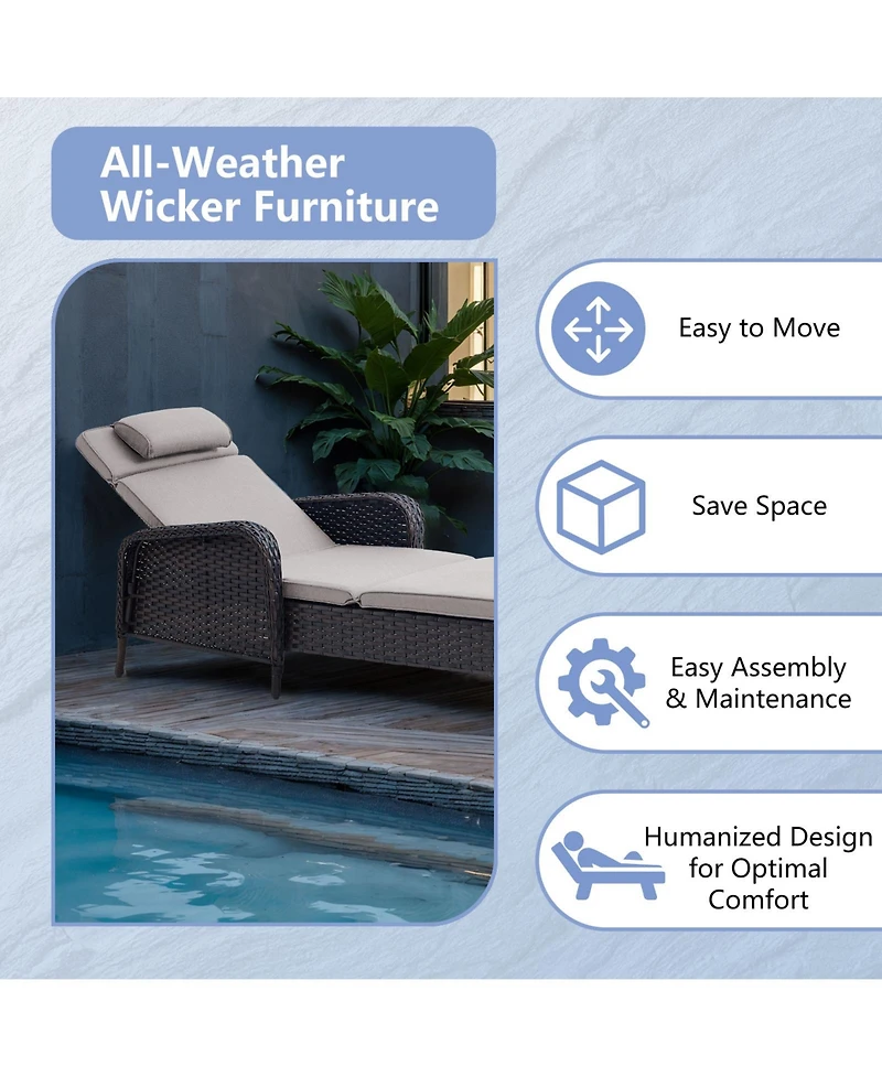 Pocassy Outdoor Wicker Reclining Lounge Chair, Pool Recliner with 5-Position Backrest, Adjustable Seating Chairs for Poolside