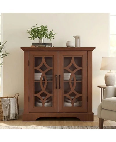 Sailvan 2-Tempered Glass Door Sideboard, 34.37" Spacious Buffet with 3-Position Adjustable Shelf