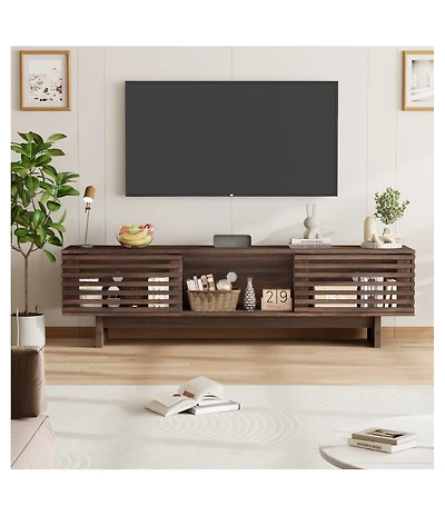 homfan 55/63 Inch Tv Stand, Farmhouse Tv Stand with Louvered Door, Mid Century Entertainment Center with Storage