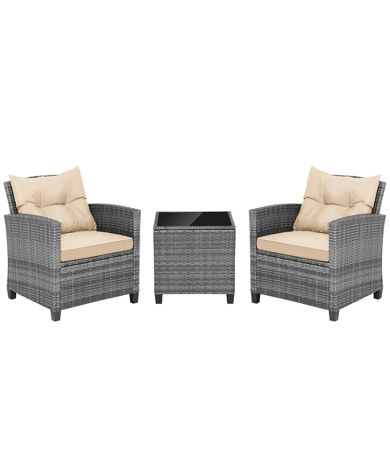 Slickblue 3 Pieces Outdoor Wicker Conversation Set with Tempered Glass Tabletop