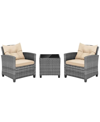 Slickblue 3 Pieces Outdoor Wicker Conversation Set with Tempered Glass Tabletop