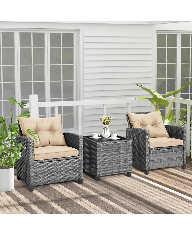 Slickblue 3 Pieces Outdoor Wicker Conversation Set with Tempered Glass Tabletop