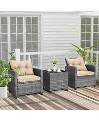 Slickblue 3 Pieces Outdoor Wicker Conversation Set with Tempered Glass Tabletop