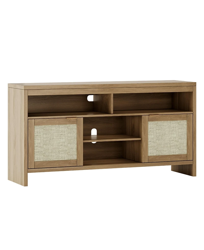 homfan Farmhouse Rattan Tv Console with Cable Management, Adjustable Shelves, Open and Enclosed Storage, Water-Resistant Top, Rustic Media Stand