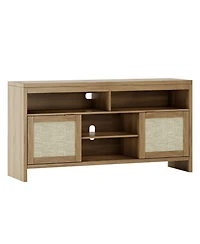 homfan Farmhouse Rattan Tv Console with Cable Management, Adjustable Shelves, Open and Enclosed Storage, Water-Resistant Top, Rustic Media Stand