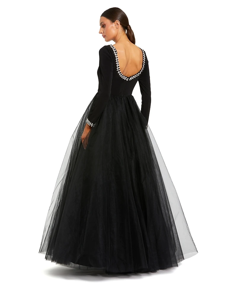 Mac Duggal Petite Embellished Jersey Long Sleeve Ballgown With Tulle Skirt