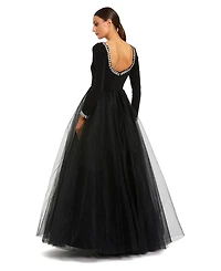 Mac Duggal Petite Embellished Jersey Long Sleeve Ballgown With Tulle Skirt