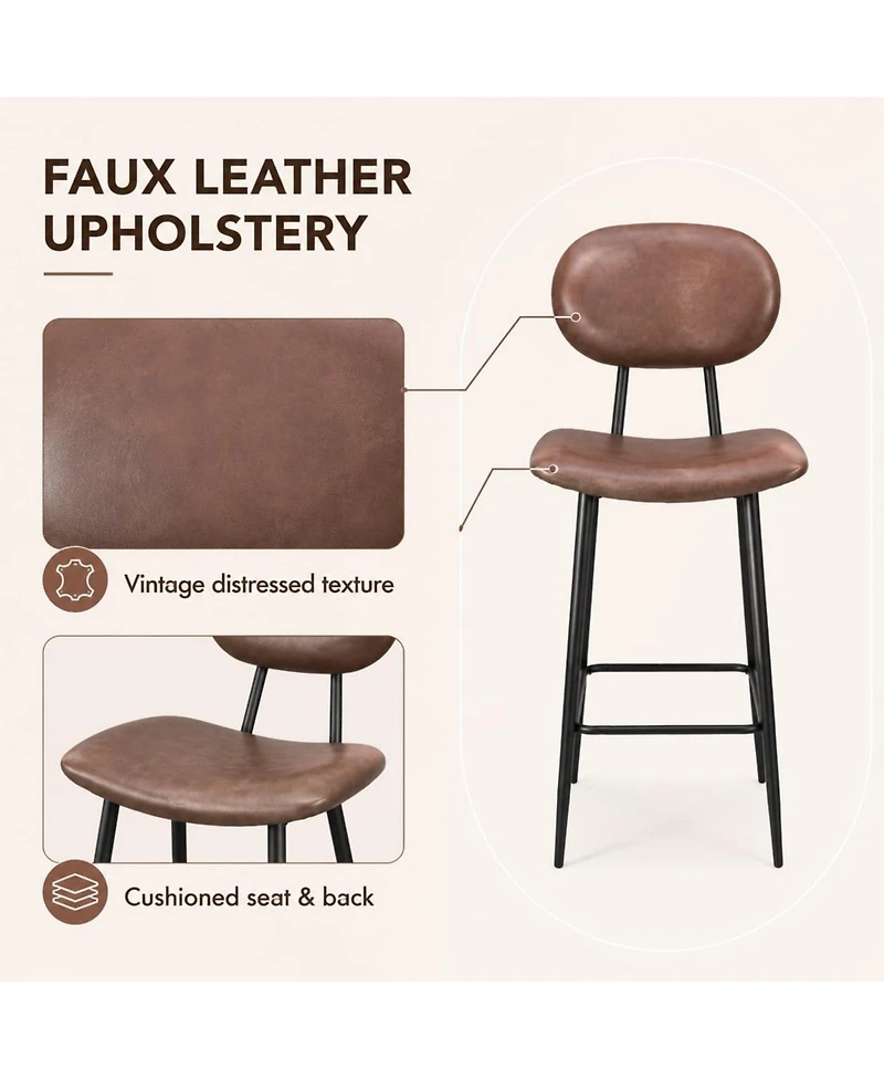 Set of 2 Counter Height Bar Stools, Upholstered Leather Seat with High Backrest, Sturdy Metal Legs, Modern Kitchen Island Chairs, Dark Brown