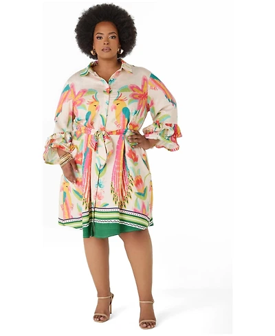 Ashley Stewart Women's Ruffled Parrot Print Shirtdress