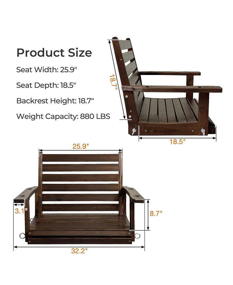 Innovaze 1-Seater Premium Solid Fir Wood Outdoor Porch Swing, Hanging Log Bench with 880 lbs Capacity