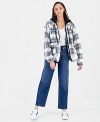 Madden Girl Juniors' Sherpa-Lined Plaid Hooded Shacket