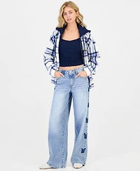 Madden Girl Juniors' 90s Skater High-Rise Wide-Leg Butterfly Embroidery Jeans