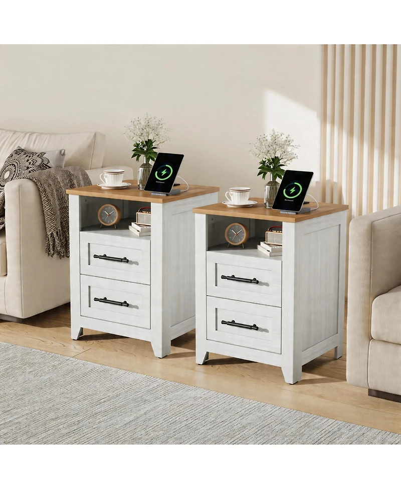 gaomon Set of 2 Farmhouse Nightstand with Charging Station 2 Drawers and Open Shelf, Usb/Type-c/Ac Outlets