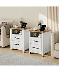 gaomon Set of 2 Farmhouse Nightstand with Charging Station 2 Drawers and Open Shelf, Usb/Type-c/Ac Outlets