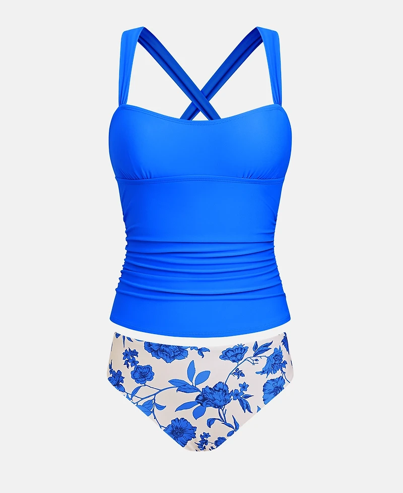 Cupshe Women's V-Neck Cross-Back Tankini Set with Reversible Bottom