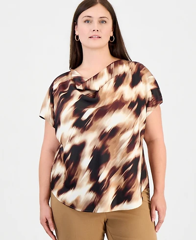 Anne Klein Plus Cowl Neck Short-Sleeve Print Blouse