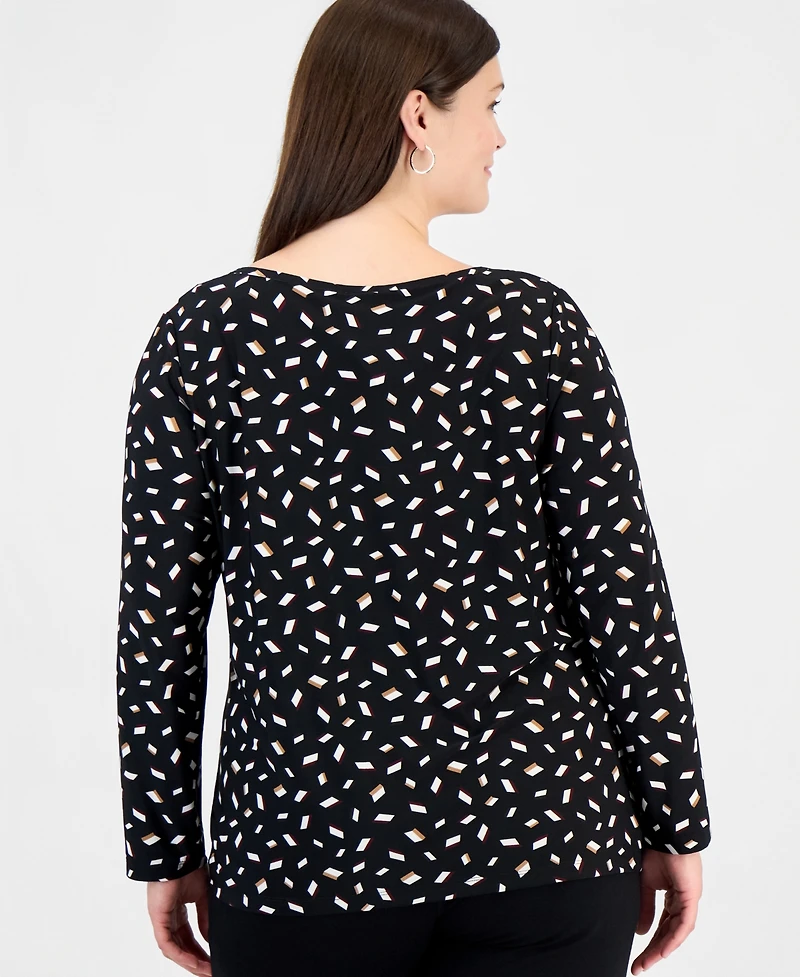 Anne Klein Essentials Plus Size Long-Sleeve Boat-Neck Ruched Blouse