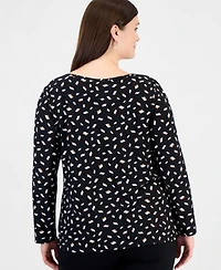 Anne Klein Essentials Plus Size Long-Sleeve Boat-Neck Ruched Blouse