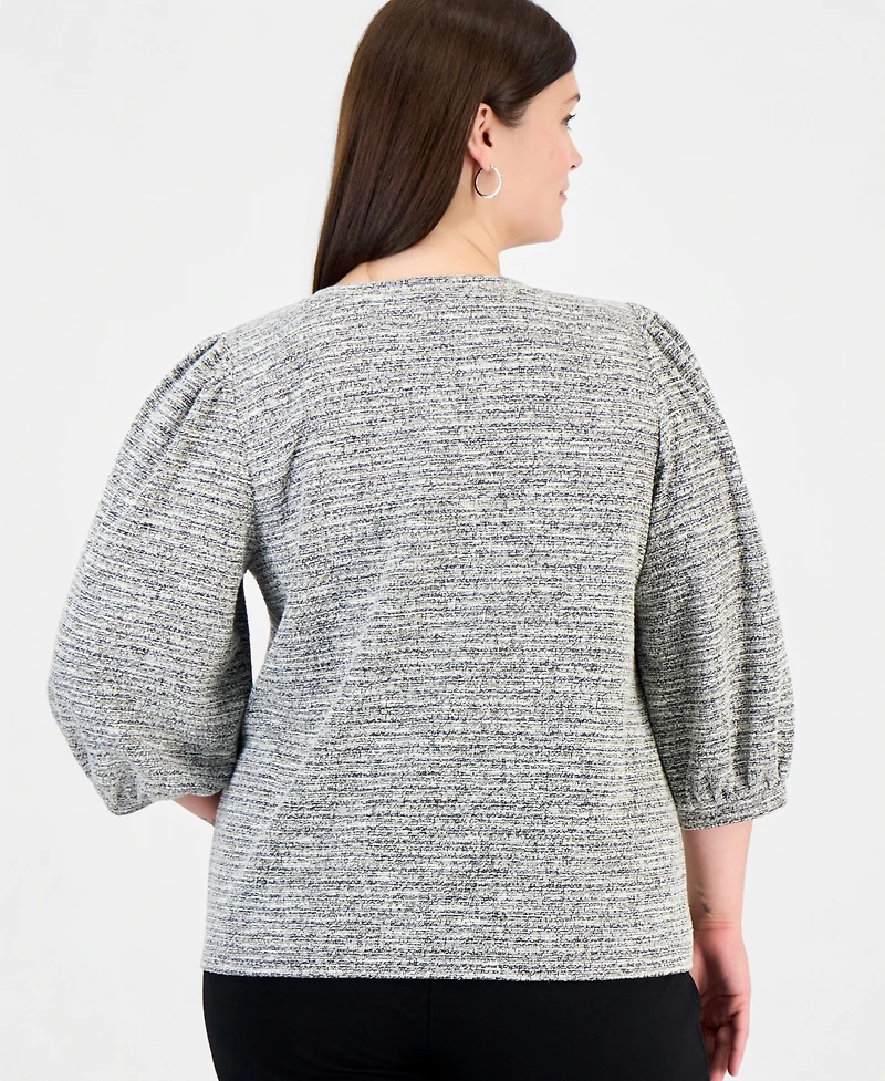 Anne Klein Essentials Plus Crew Neck Boucle 3/4-Length Balloon Sleeve Sweater