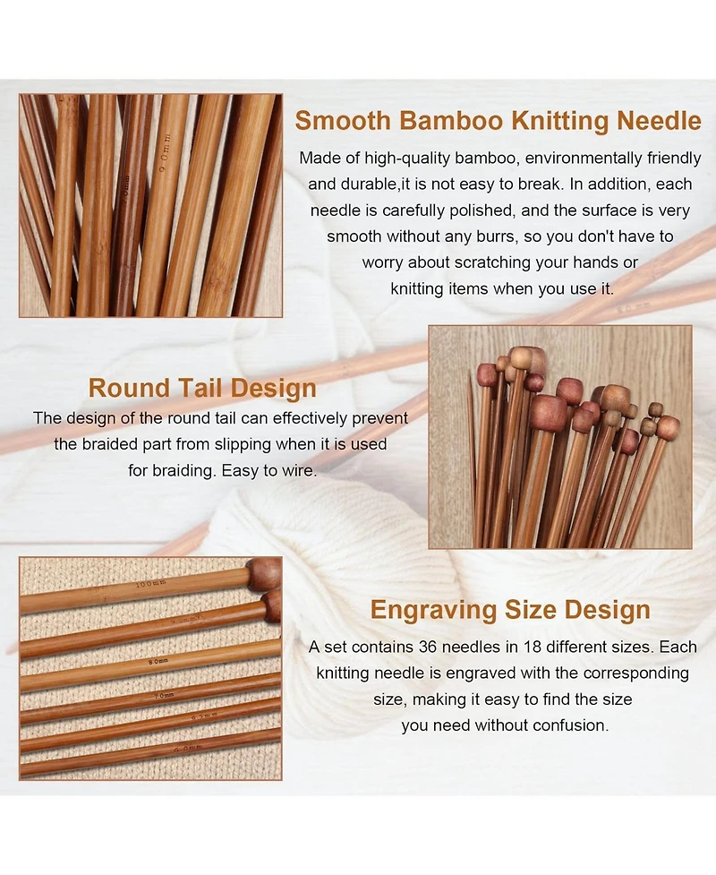 Aeelike 18 Pairs Bamboo Knitting Needles Set - 10 Inches Wooden Single Point Needles with Roll Bag - Portable Knitting Needle Set for Beginners