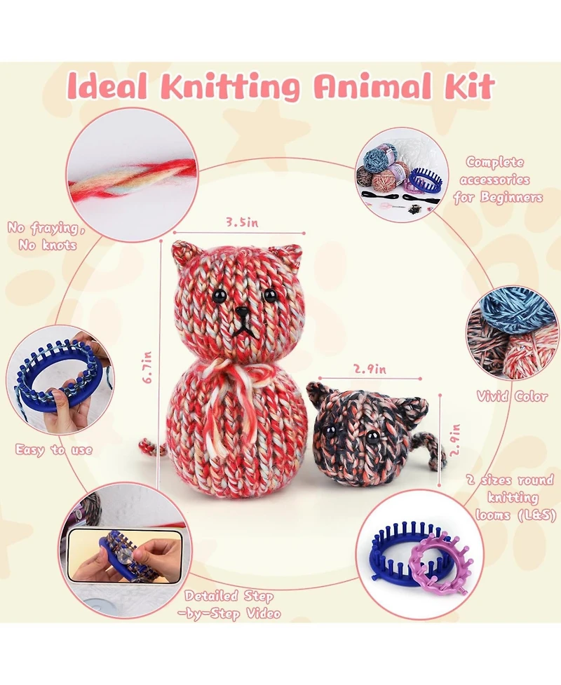 Aeelike Round Loom Knitting Kit for Beginners, Easy to Knit Cat (LandS) Complete Beginner Kit with Step-by-Step Instructions Videos, Animal Craft Gift