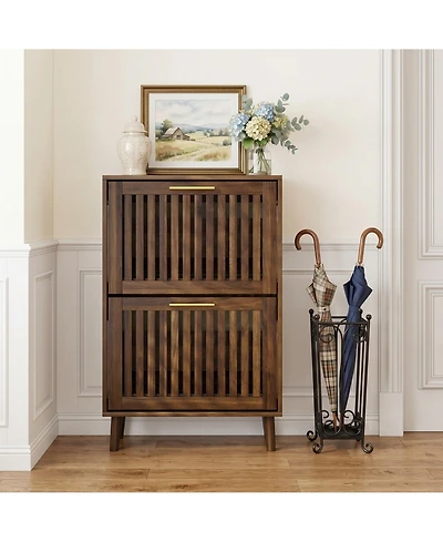 Sailvan 23.6 Inch Shoe Cabinet, Mid-Century Modern Freestanding Fence Cabinet with 2 Flip Drawers