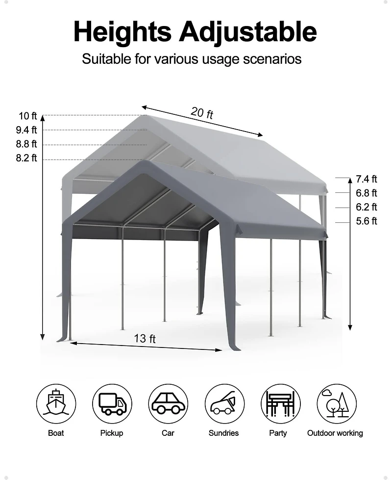homfan 10x20Feet Carport Canopy – Waterproof Uv Front and Sidewalls, 200G Pe Tarpaulin Replacement for Garage Car Tent