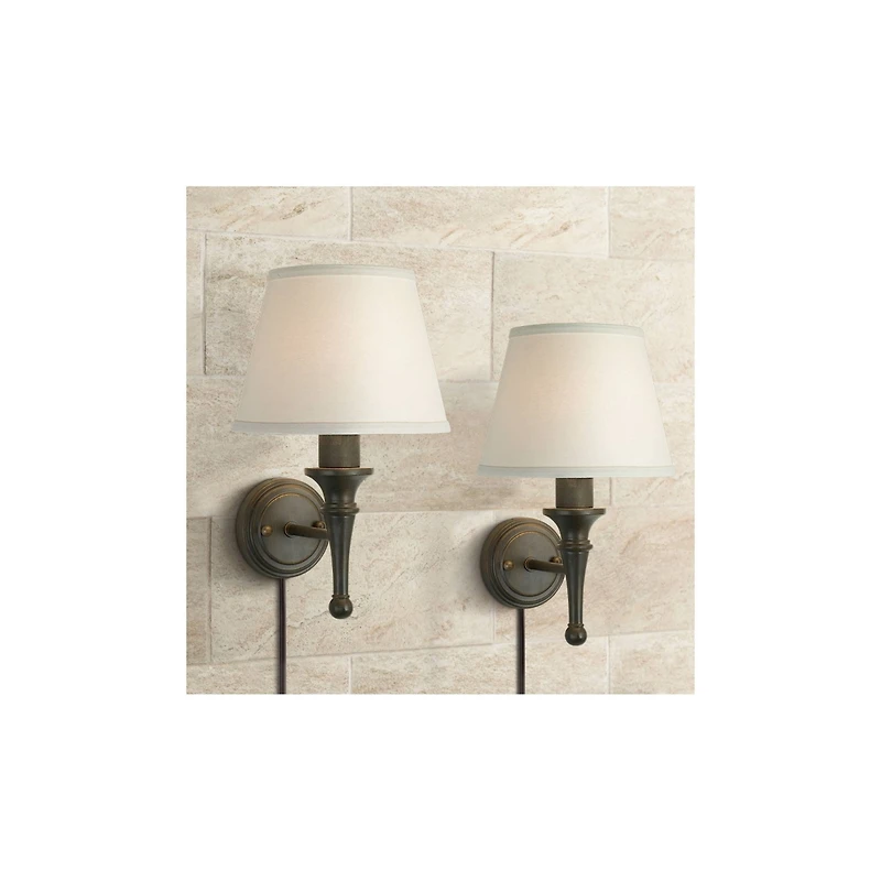 Regency Hill Braidy Rustic Wall Light Sconces Set of 2 Bronze Plug-in 7" Light Fixture Ivory Cotton Shade for Bedroom Reading Living Room Hallway Home