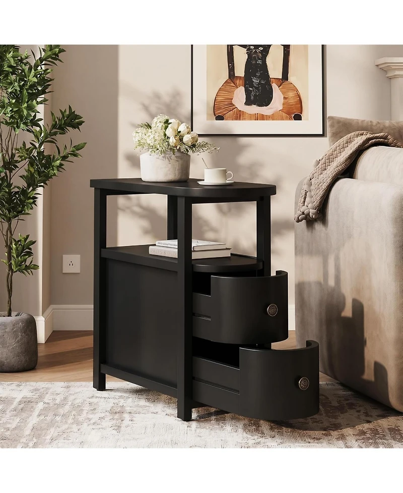 Tribesigns Solid Wood End Table with 2 Drawers and Open Shelf:No assembly required.Black side table for living room couch,slim nightstand for bedroom