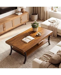 Tribesigns Farmhouse Coffee Table: 2-tier rectangular wood with storage shelf and curved metal legs. 47" center table for living room, home office