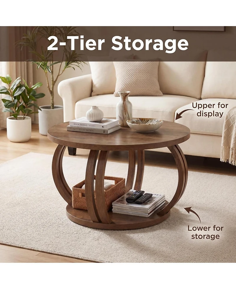 Tribesigns Round Coffee Table: 31.5" modern rustic center table with 2-tier shelf. Wooden table with curved base for living room and small spaces