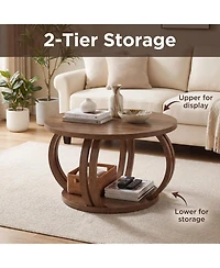 Tribesigns Round Coffee Table: 31.5" modern rustic center table with 2-tier shelf. Wooden table with curved base for living room and small spaces