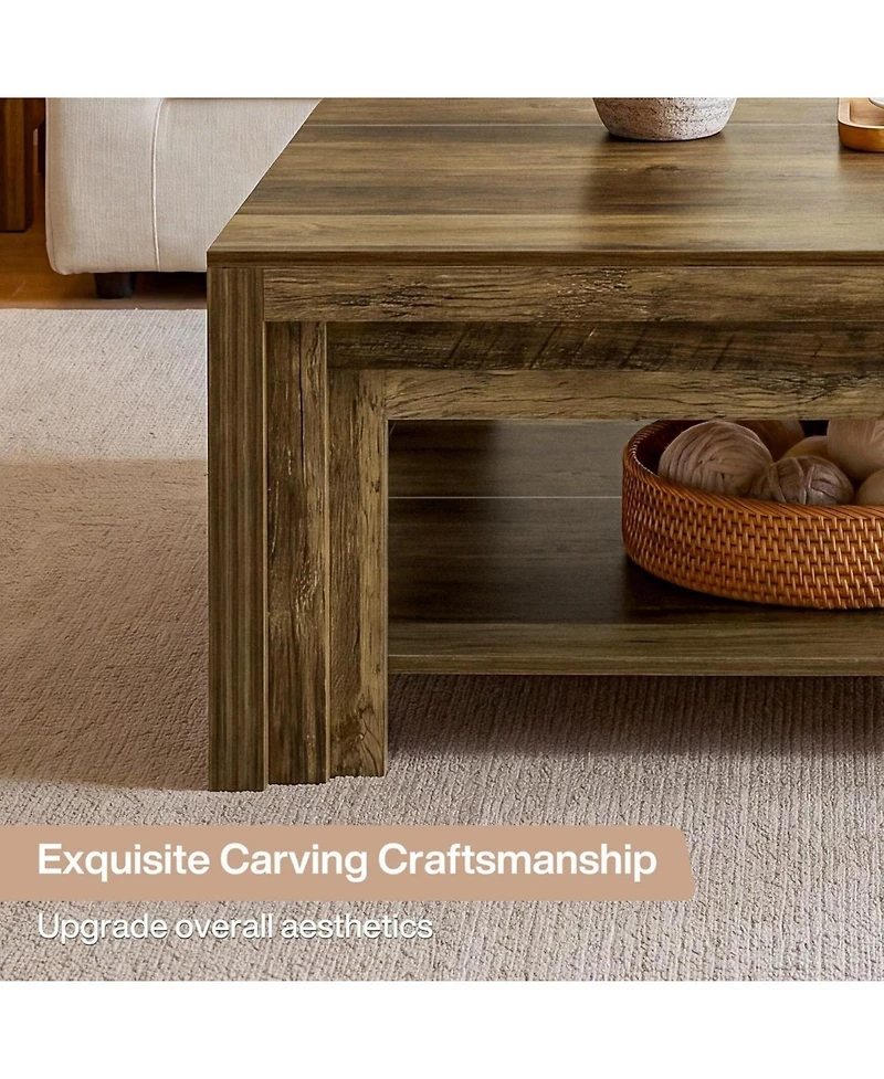 Tribesigns Square Coffee Table: 39" rustic farmhouse table with storage shelf and carved legs. For living room, apartment, small space.