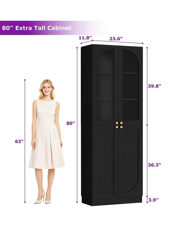 Aheaplus 80" Tall Kitchen Pantry Arch Storage Cabinet with Tempered Glass Doors
