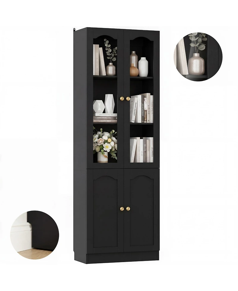 Aheaplus 80" Pantry Cabinet with Glass Door and Shelves, Kitchen Storage Cabinet