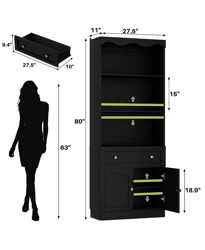Aheaplus 80" Tall Kitchen Pantry Cabinet with Doors and Drawer, Modern Bookshelf