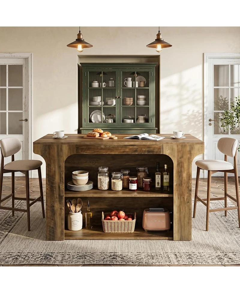 Tribesigns 55" Kitchen Island: Counter Height With Seating, 2 Shelves, Hanging Rods. Farmhouse Prep Station For Dining Room