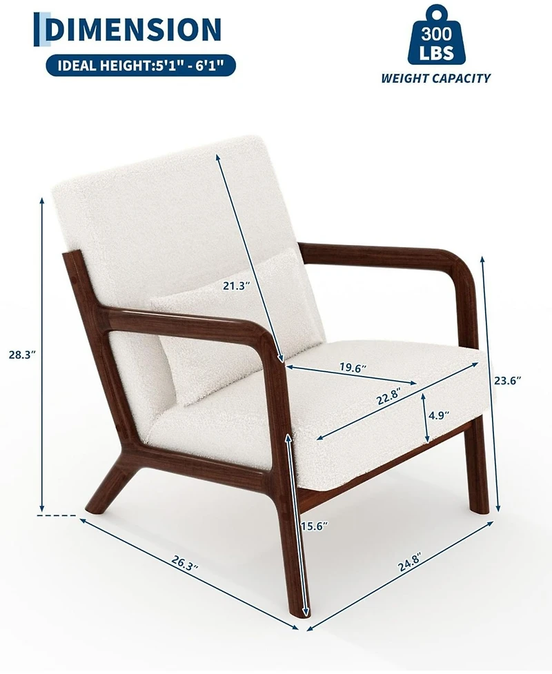 homfan 2-Piece Sherpa Accent Chair – Mid-Century Lounge Armchair with Lumbar Pillow and Wood Frame for Living Room or Office