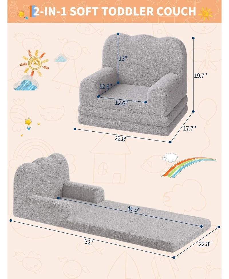 gaomon Kids Couch, 2-in-1 Comfy Toddler Couch Fold Out, Convertible Sofa to Lounger Foam Kids Chair with Soft Sherpa
