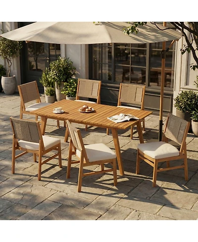Asagikoiai 7-Piece Acacia Wood Patio Dining Set, Teak Table and Wicker Chairs with Cushions