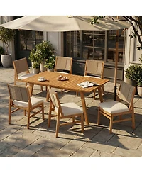 Asagikoiai 7-Piece Acacia Wood Patio Dining Set, Teak Table and Wicker Chairs with Cushions