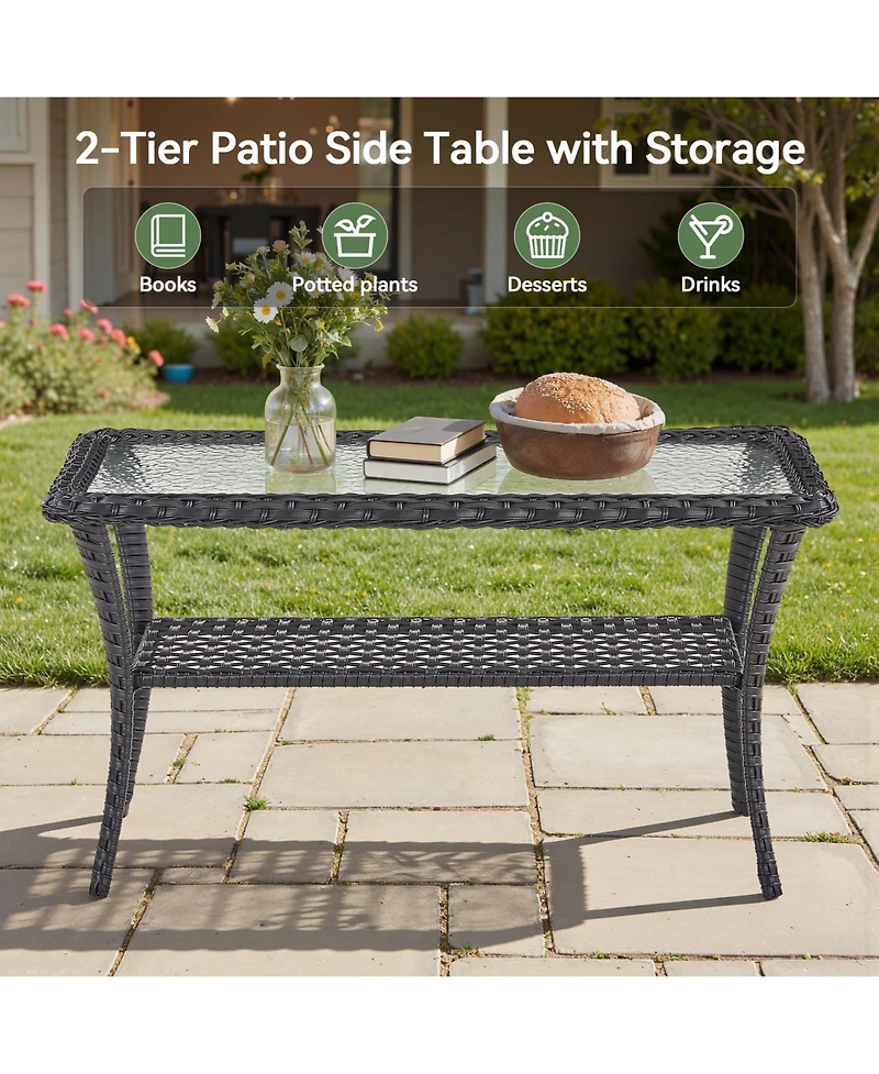 Pocassy Outdoor Coffee Table with Storage Wicker Patio Table, Tempered Glass Top for Outside Balcony Porch Deck
