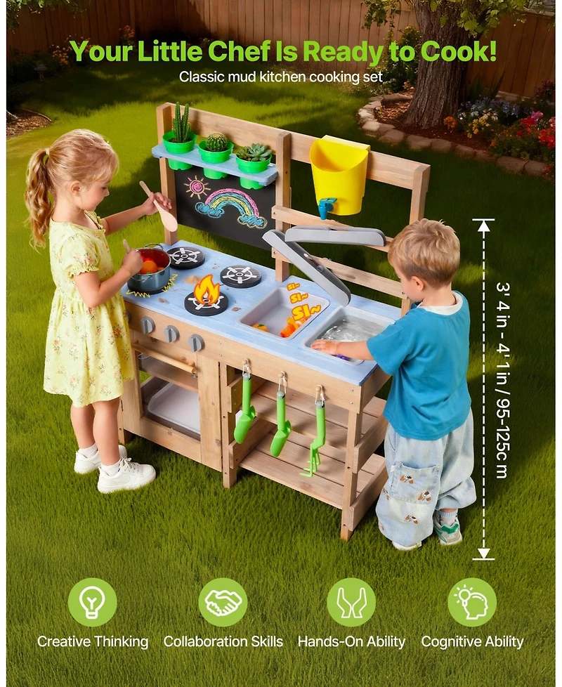 Mecale Kids Outdoor Mud Kitchen, Wooden Play Kitchen with Stove, Hooks & Sink, Shovels, Spatulas, Handle, Cookware Pots & Accessories