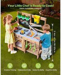 Mecale Kids Outdoor Mud Kitchen, Wooden Play Kitchen with Stove, Hooks & Sink, Shovels, Spatulas, Handle, Cookware Pots & Accessories