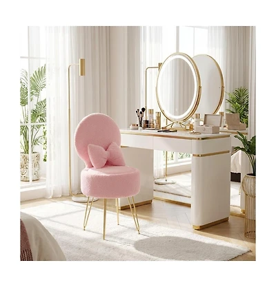 homfan Vanity Stool Chair with Pillow, Foldable Backrest, Sherpa Fleece Makeup Hidden Storage and Metal Legs, Modern Accent
