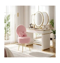 homfan Vanity Stool Chair with Pillow, Foldable Backrest, Sherpa Fleece Makeup Hidden Storage and Metal Legs, Modern Accent