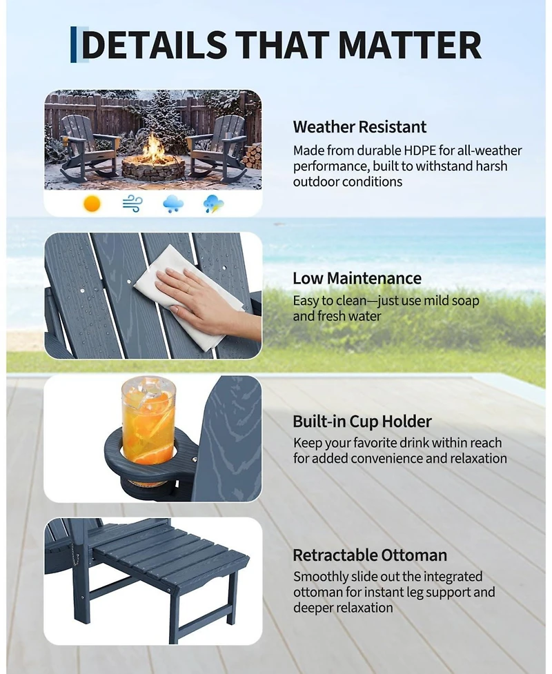 gaomon 2 Piece All-Weather Hdpe Outdoor Folding Adirondack Rocking Chair with Retractable Ottoman for patios, Decks