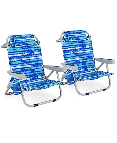 Sugift Set of 2 Foldable Backpack Beach Chairs with Cup Holder and Storage Pockets